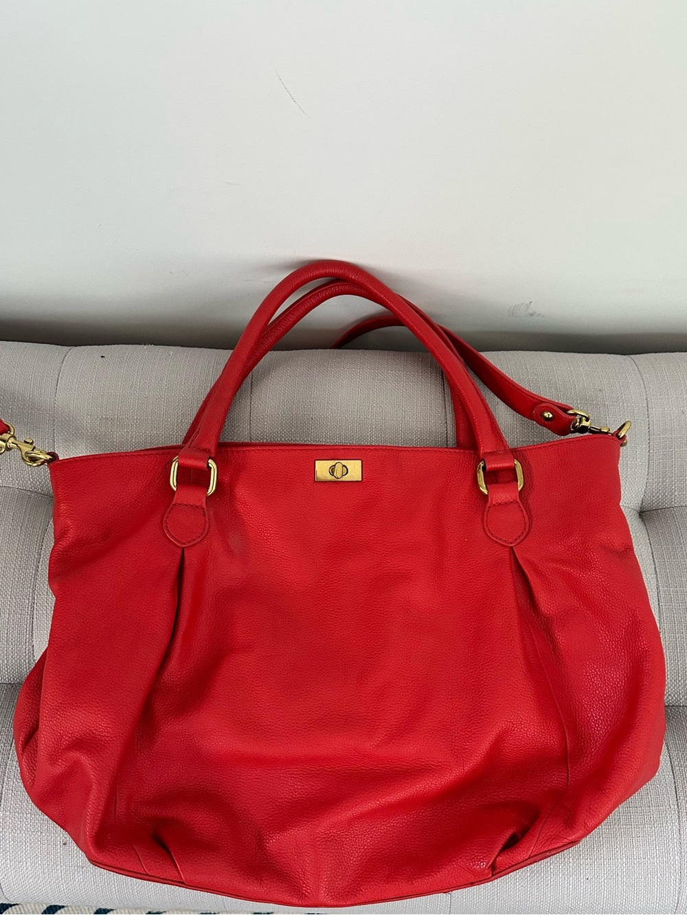 J. Crew Factory Red Leather Tote with Gold-Tone Accents